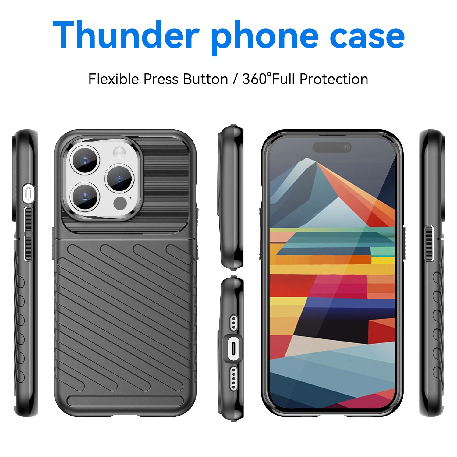Thunder Series For iPhone 15 Pro Thicken TPU Phone Case Twill Texture Anti-drop Cover - Black