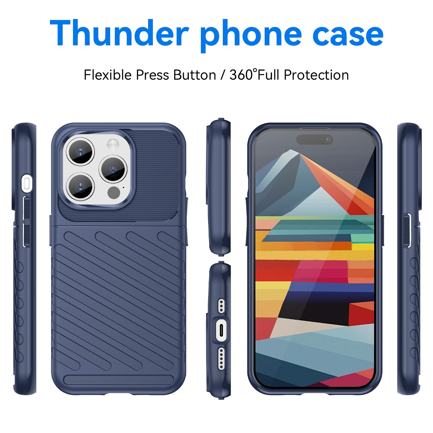 Thunder Series For iPhone 15 Pro Thicken TPU Phone Case Twill Texture Anti-drop Cover - Blue