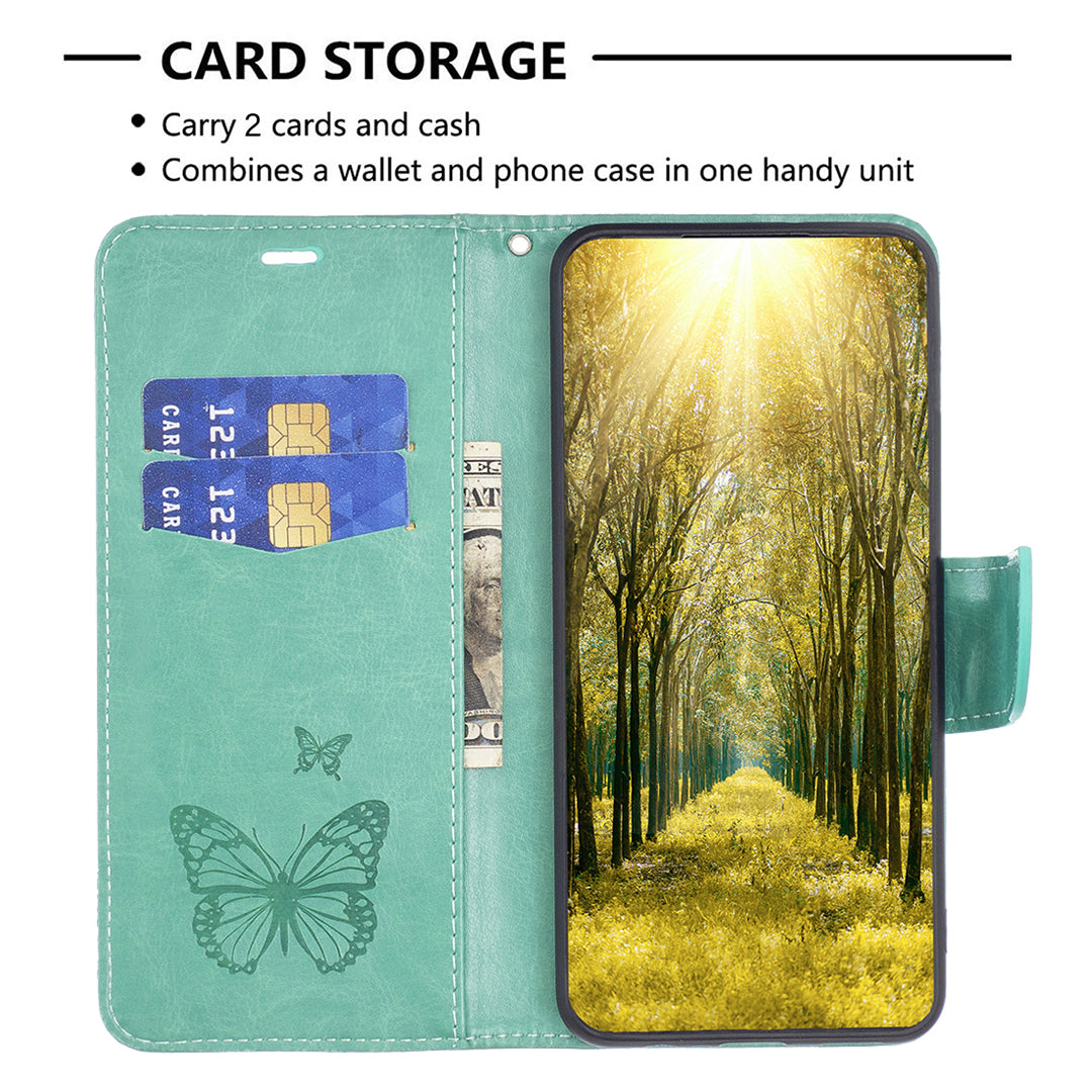 Uniqkart for iPhone 15 Foldable Stand Wallet Phone Flip Case Butterfly Imprinted Leather Cover with Strap - Green