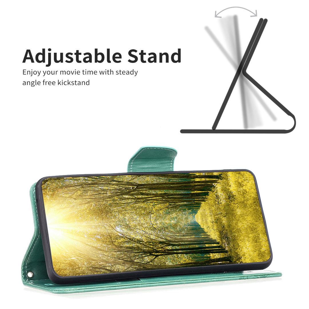 Uniqkart for iPhone 15 Foldable Stand Wallet Phone Flip Case Butterfly Imprinted Leather Cover with Strap - Green