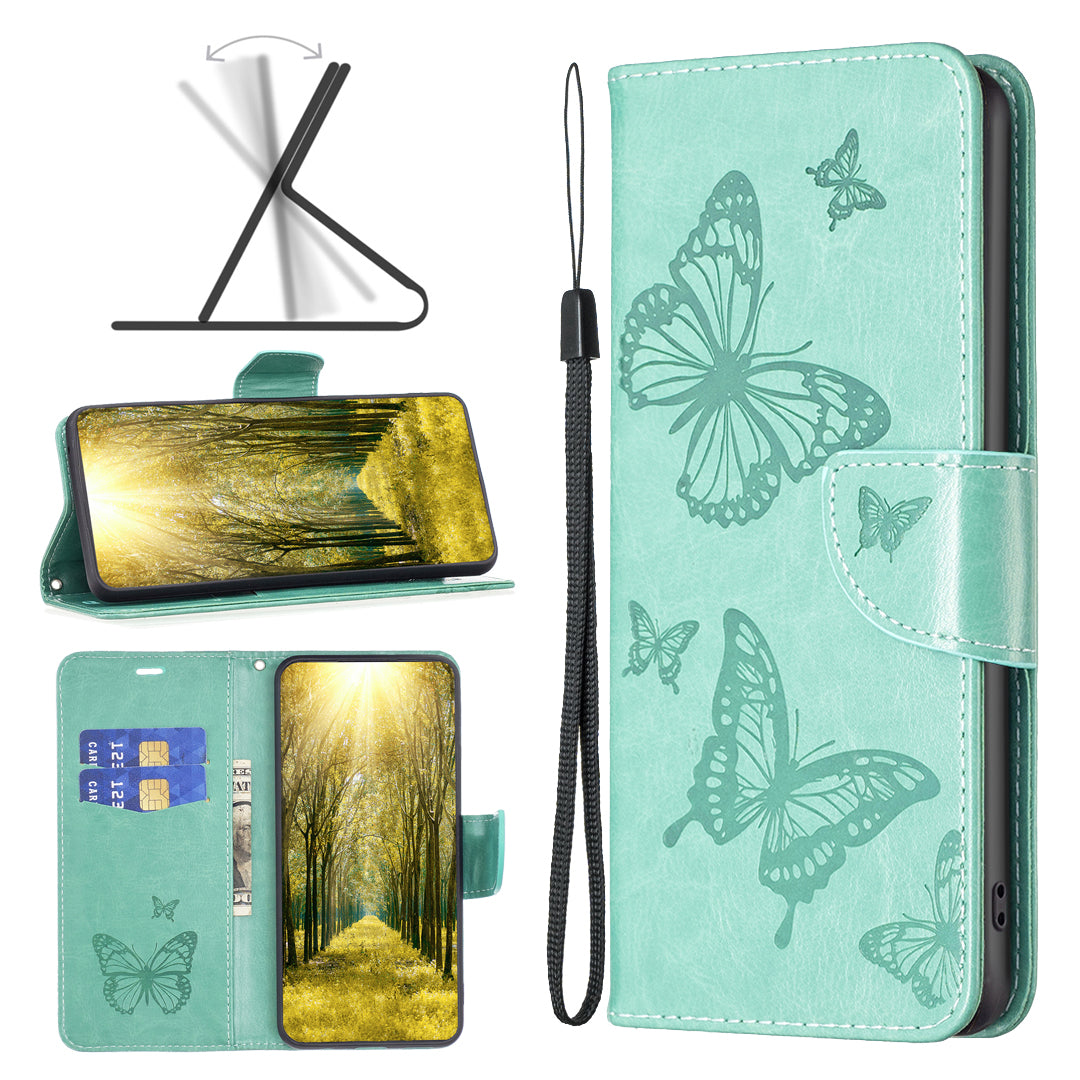 Uniqkart for iPhone 15 Foldable Stand Wallet Phone Flip Case Butterfly Imprinted Leather Cover with Strap - Green