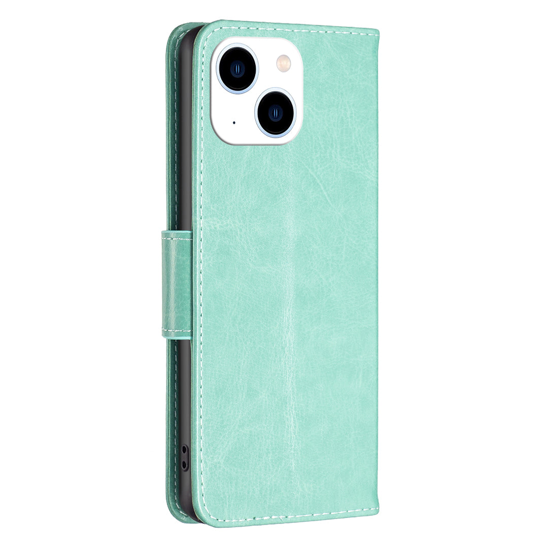 Uniqkart for iPhone 15 Foldable Stand Wallet Phone Flip Case Butterfly Imprinted Leather Cover with Strap - Green