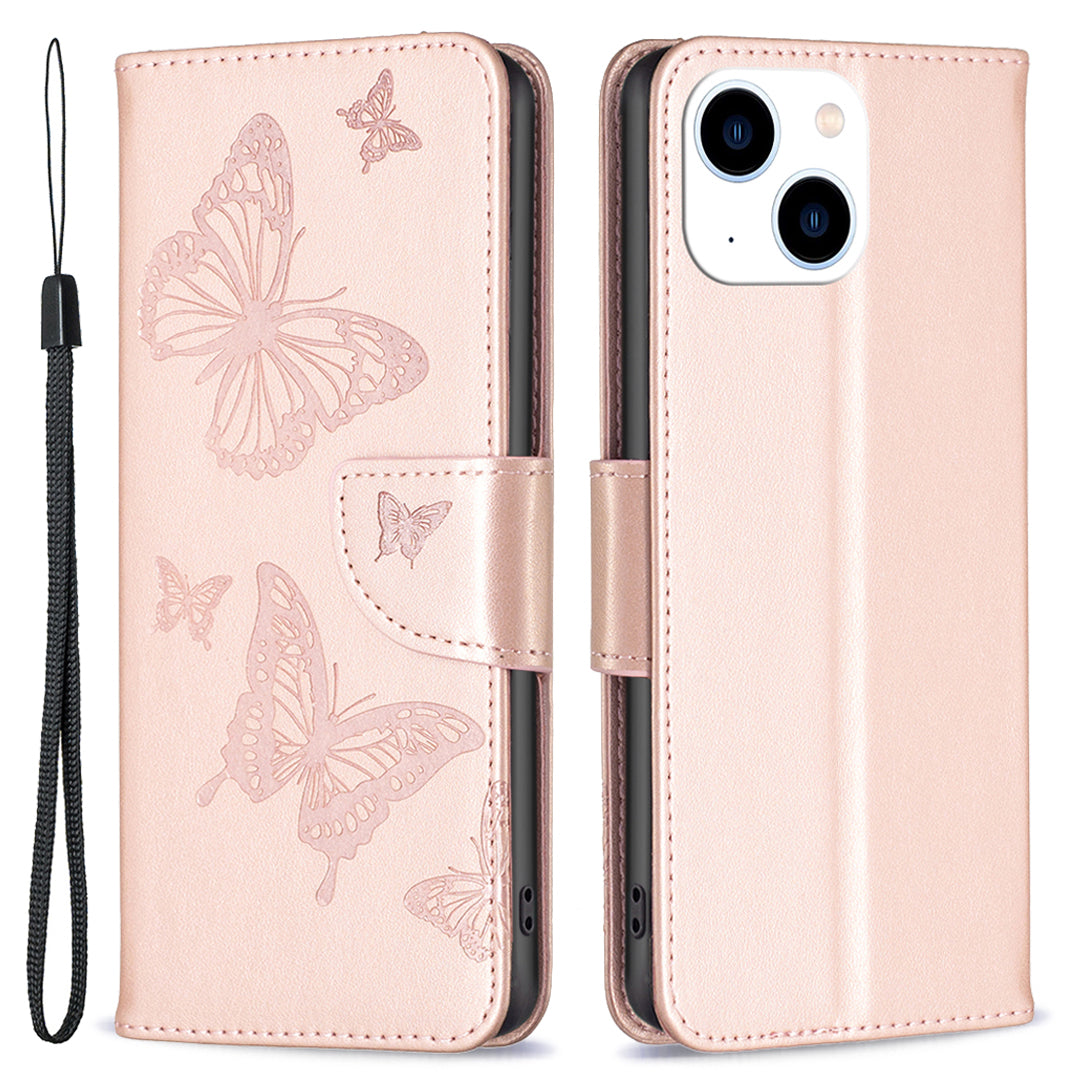 Uniqkart for iPhone 15 Foldable Stand Wallet Phone Flip Case Butterfly Imprinted Leather Cover with Strap - Rose Gold