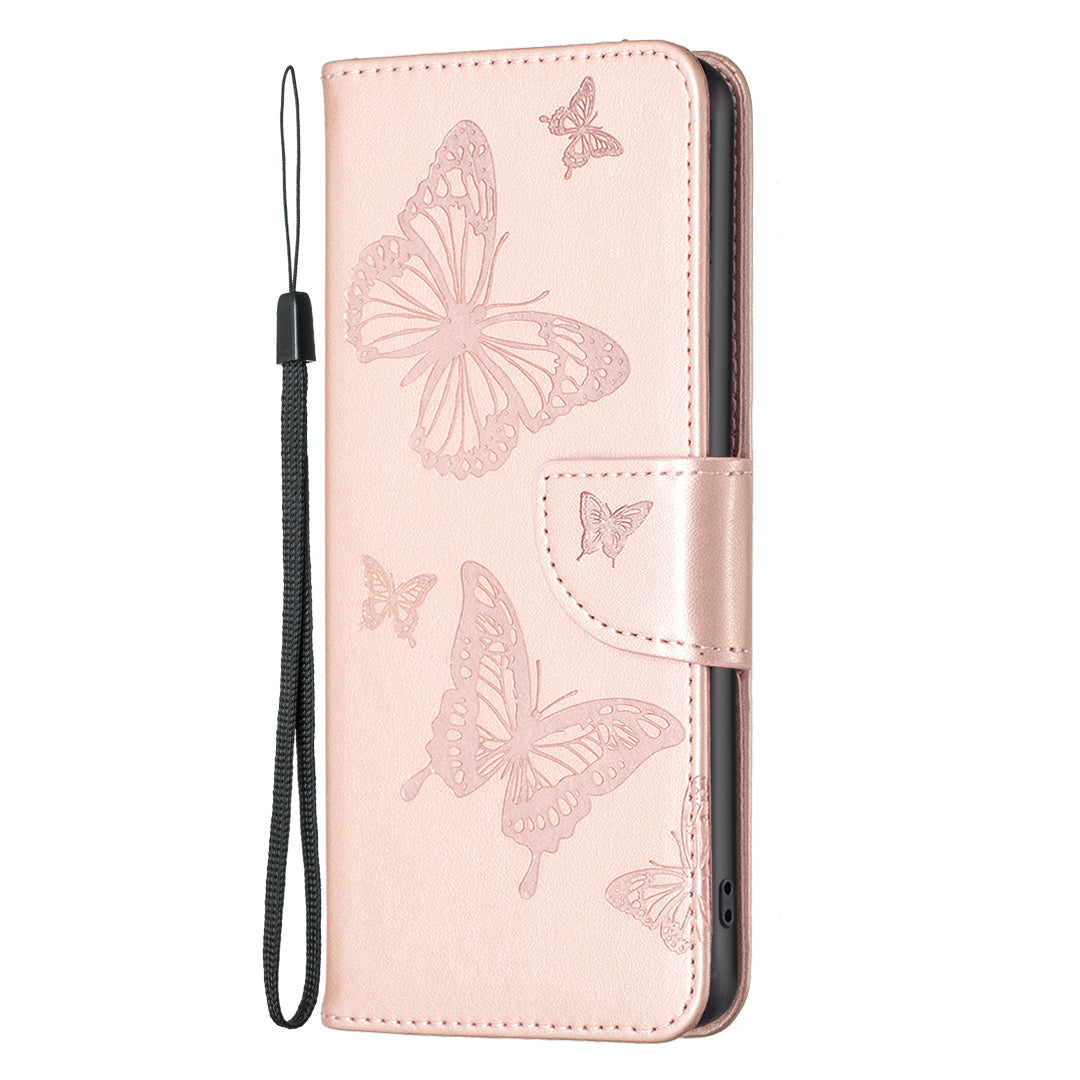 Uniqkart for iPhone 15 Foldable Stand Wallet Phone Flip Case Butterfly Imprinted Leather Cover with Strap - Rose Gold