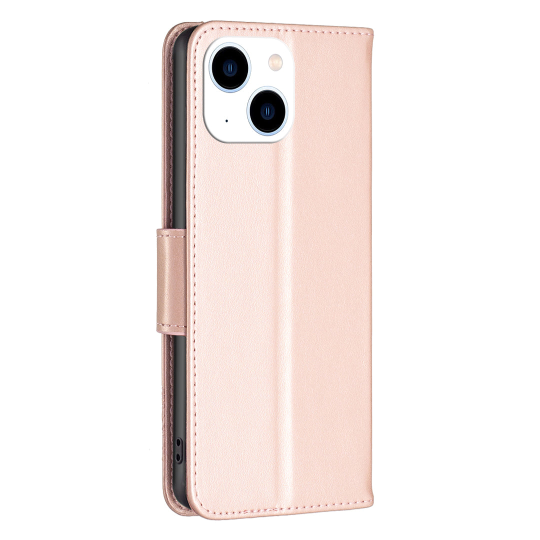 Uniqkart for iPhone 15 Foldable Stand Wallet Phone Flip Case Butterfly Imprinted Leather Cover with Strap - Rose Gold