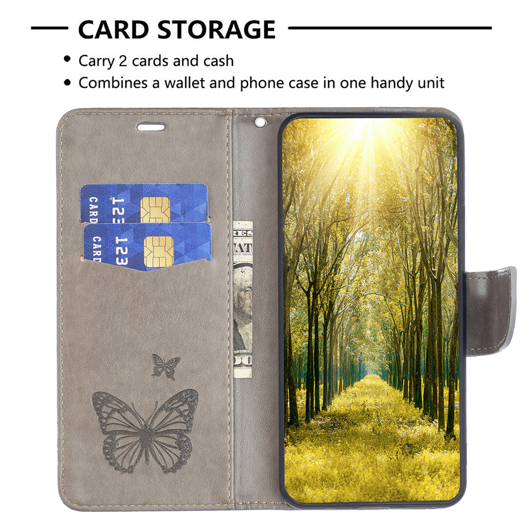 Uniqkart for iPhone 15 Foldable Stand Wallet Phone Flip Case Butterfly Imprinted Leather Cover with Strap - Grey