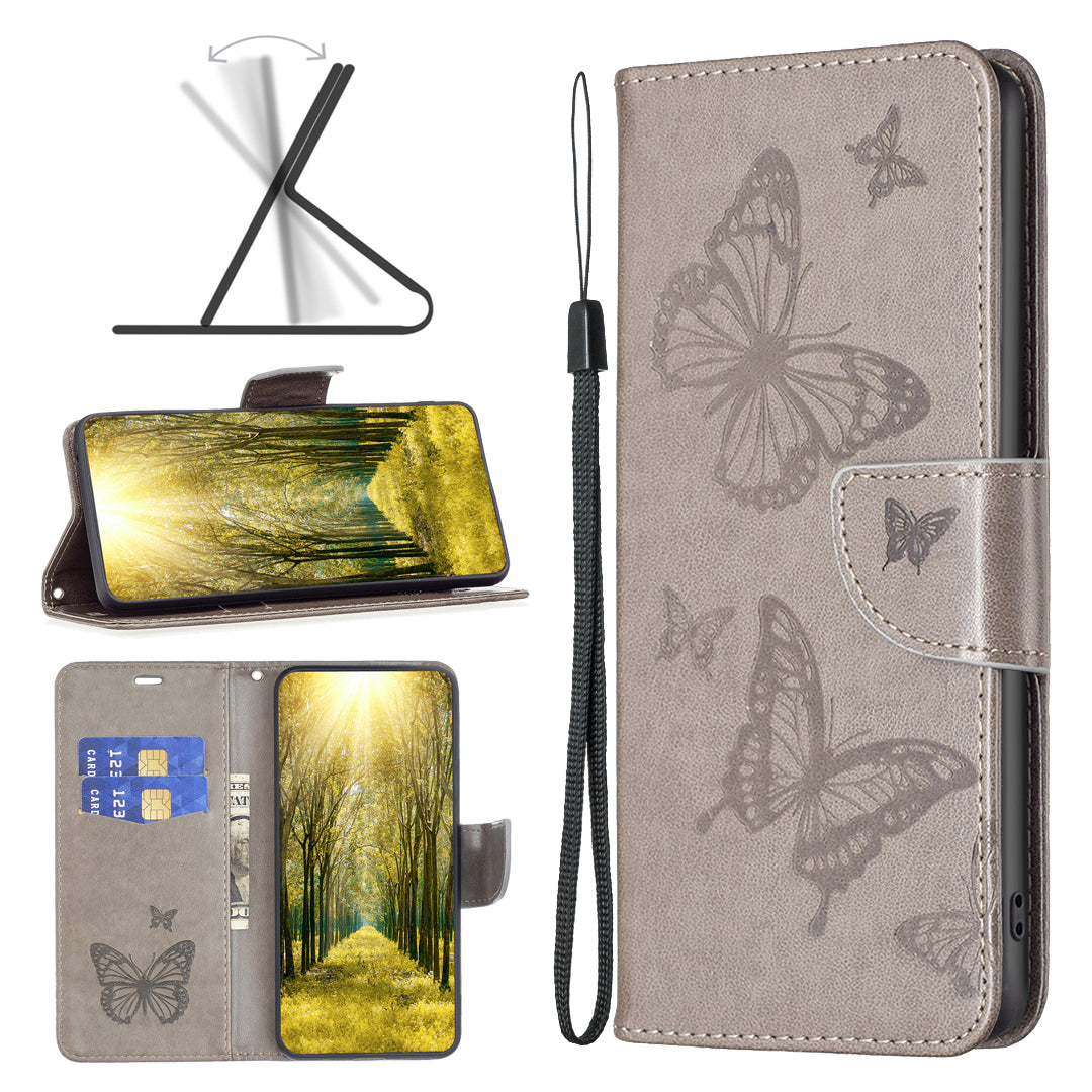 Uniqkart for iPhone 15 Foldable Stand Wallet Phone Flip Case Butterfly Imprinted Leather Cover with Strap - Grey