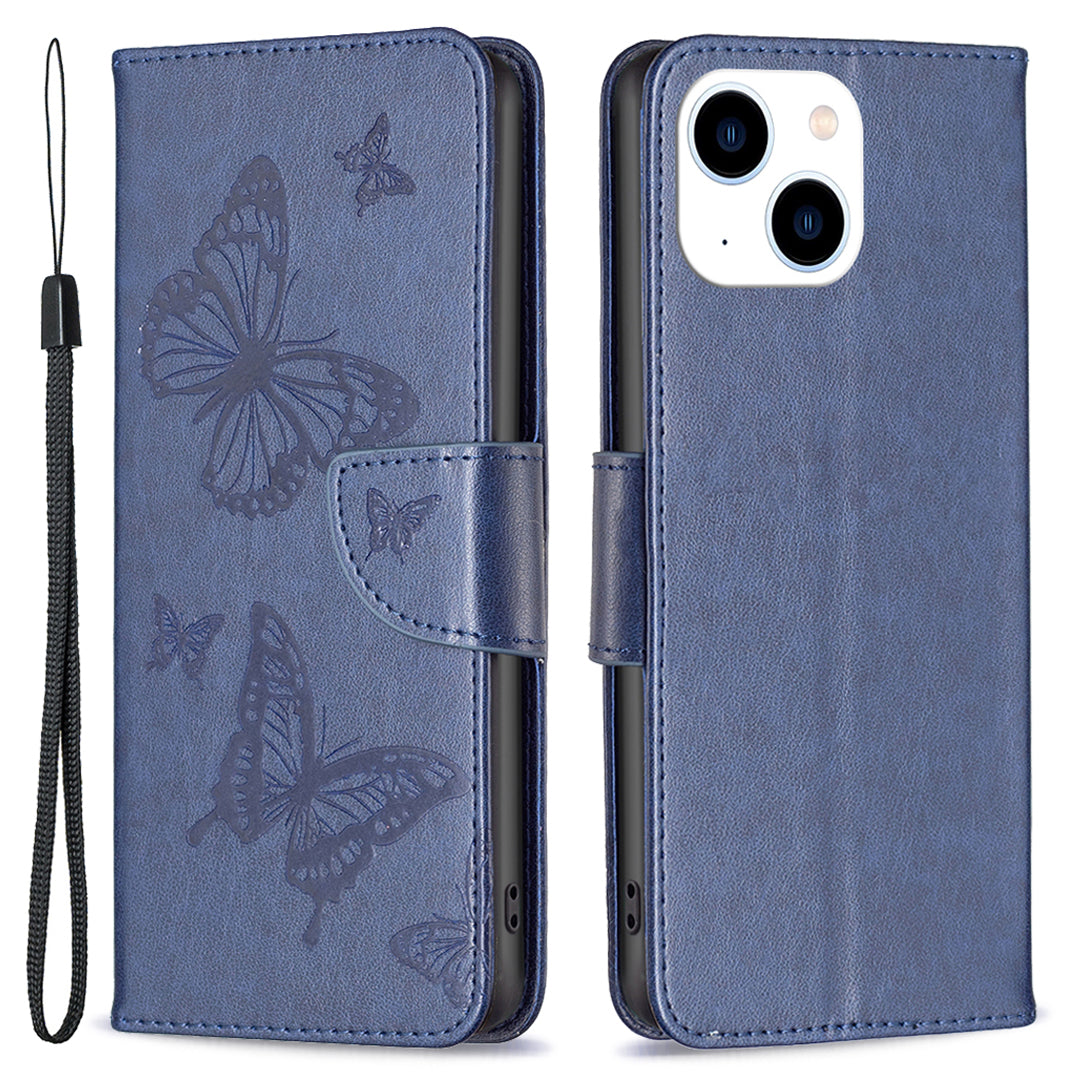 Uniqkart for iPhone 15 Foldable Stand Wallet Phone Flip Case Butterfly Imprinted Leather Cover with Strap - Blue