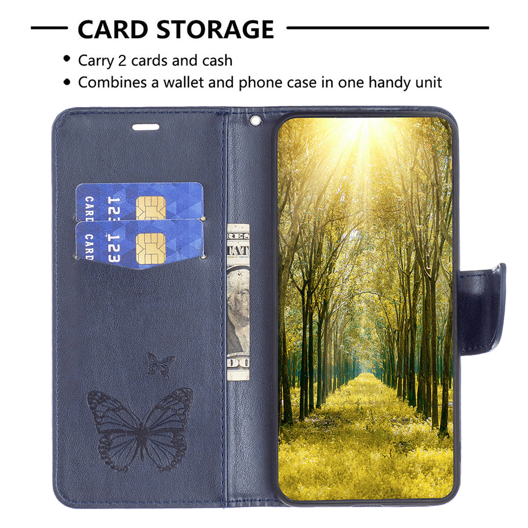 Uniqkart for iPhone 15 Foldable Stand Wallet Phone Flip Case Butterfly Imprinted Leather Cover with Strap - Blue