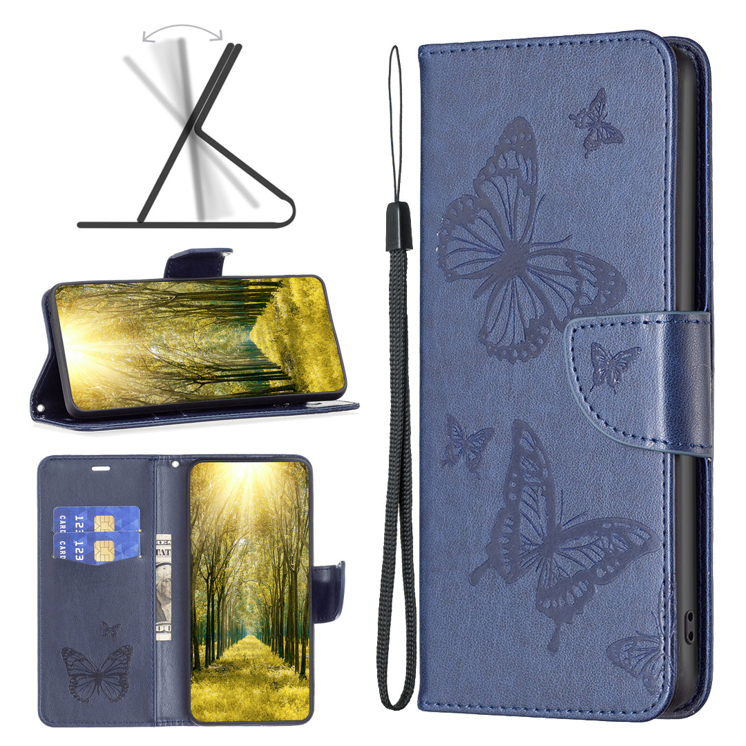 Uniqkart for iPhone 15 Foldable Stand Wallet Phone Flip Case Butterfly Imprinted Leather Cover with Strap - Blue