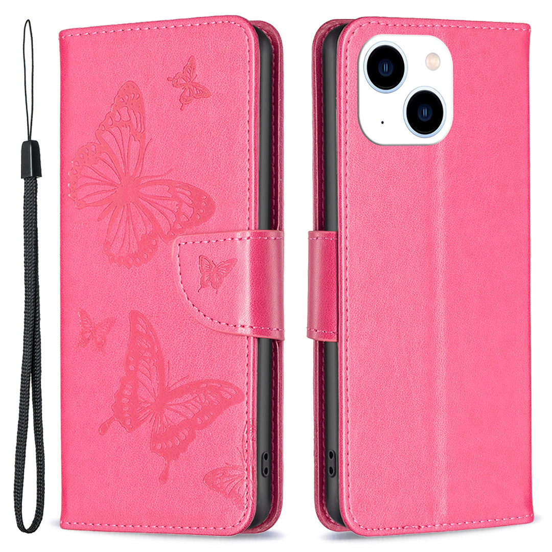 Uniqkart for iPhone 15 Foldable Stand Wallet Phone Flip Case Butterfly Imprinted Leather Cover with Strap - Rose