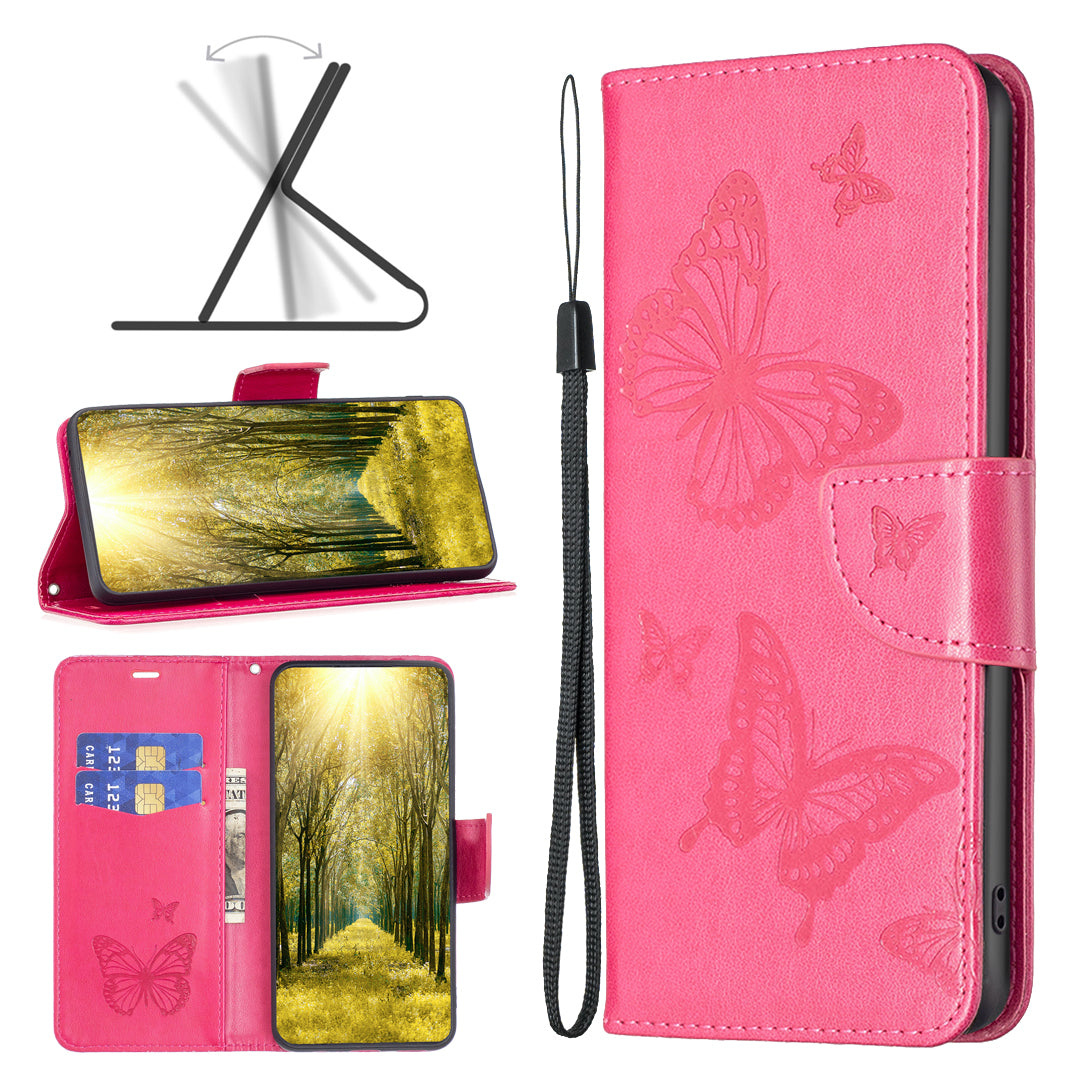 Uniqkart for iPhone 15 Foldable Stand Wallet Phone Flip Case Butterfly Imprinted Leather Cover with Strap - Rose