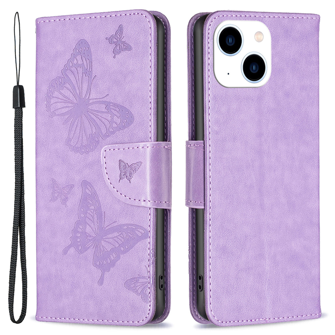 Uniqkart for iPhone 15 Foldable Stand Wallet Phone Flip Case Butterfly Imprinted Leather Cover with Strap - Purple