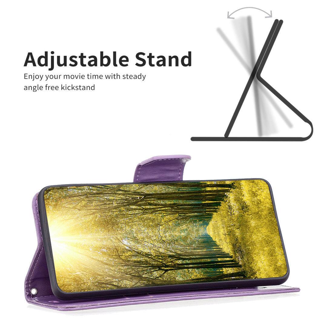Uniqkart for iPhone 15 Foldable Stand Wallet Phone Flip Case Butterfly Imprinted Leather Cover with Strap - Purple