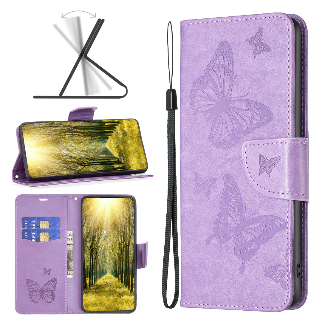 Uniqkart for iPhone 15 Foldable Stand Wallet Phone Flip Case Butterfly Imprinted Leather Cover with Strap - Purple