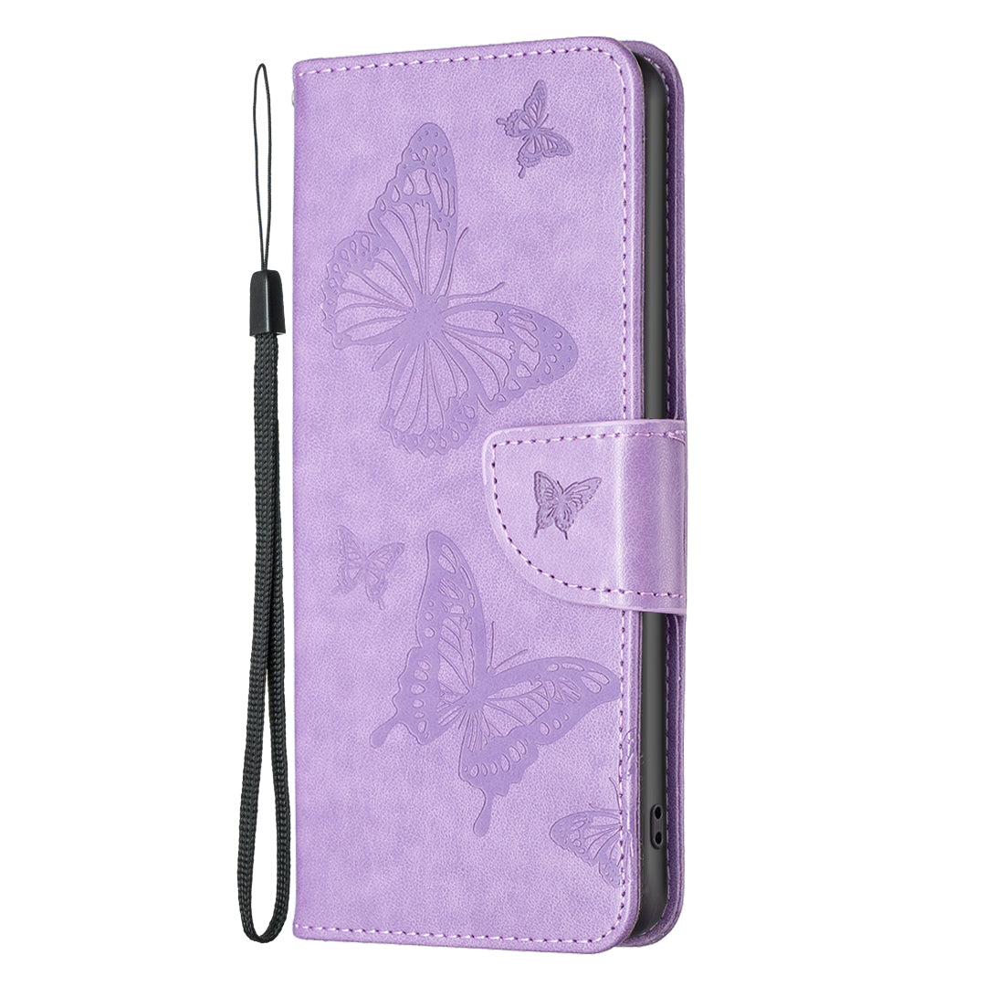 Uniqkart for iPhone 15 Foldable Stand Wallet Phone Flip Case Butterfly Imprinted Leather Cover with Strap - Purple