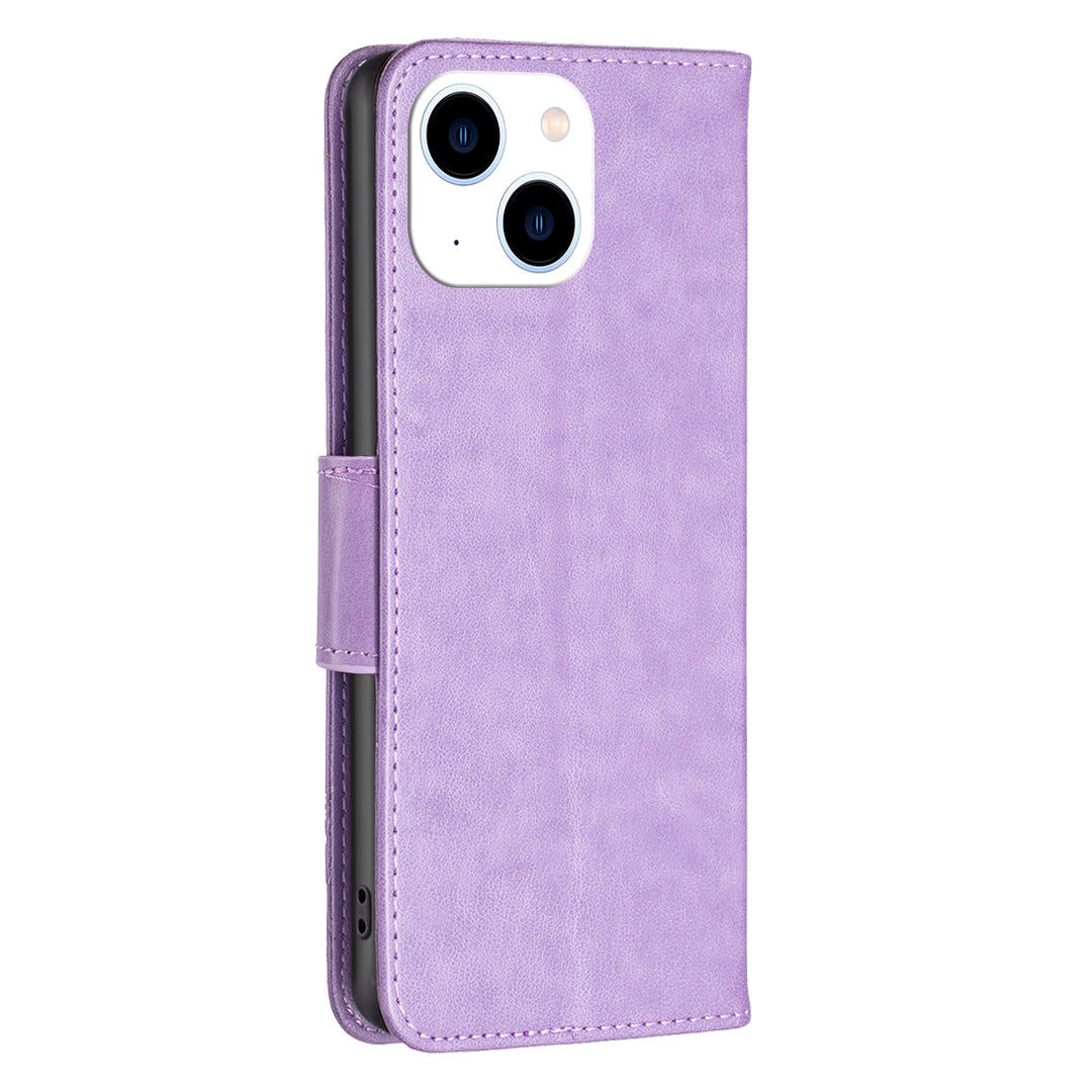 Uniqkart for iPhone 15 Foldable Stand Wallet Phone Flip Case Butterfly Imprinted Leather Cover with Strap - Purple