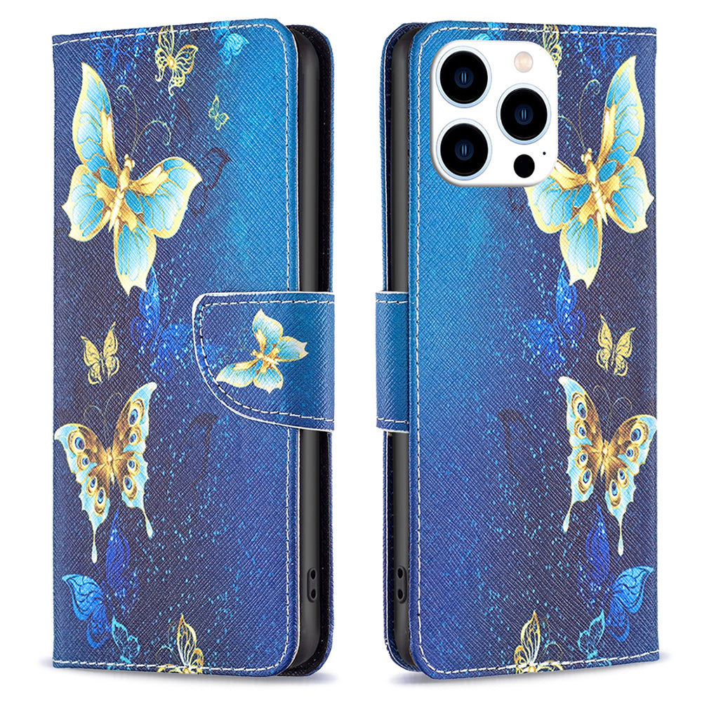 PU Leather Stand Wallet Case for iPhone 15 Pro , Pattern Printing Full Protection Phone Cover - Golden Butterflies