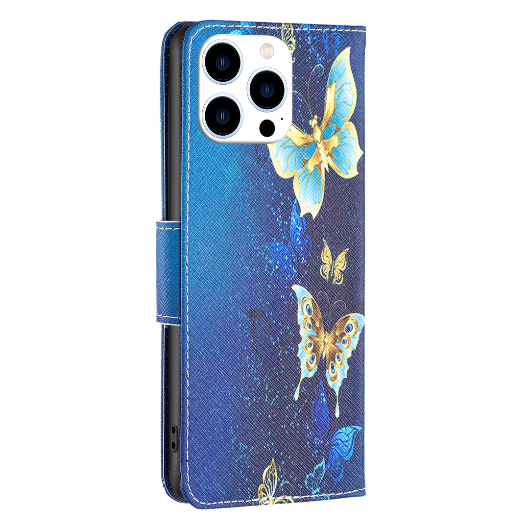 PU Leather Stand Wallet Case for iPhone 15 Pro , Pattern Printing Full Protection Phone Cover - Golden Butterflies