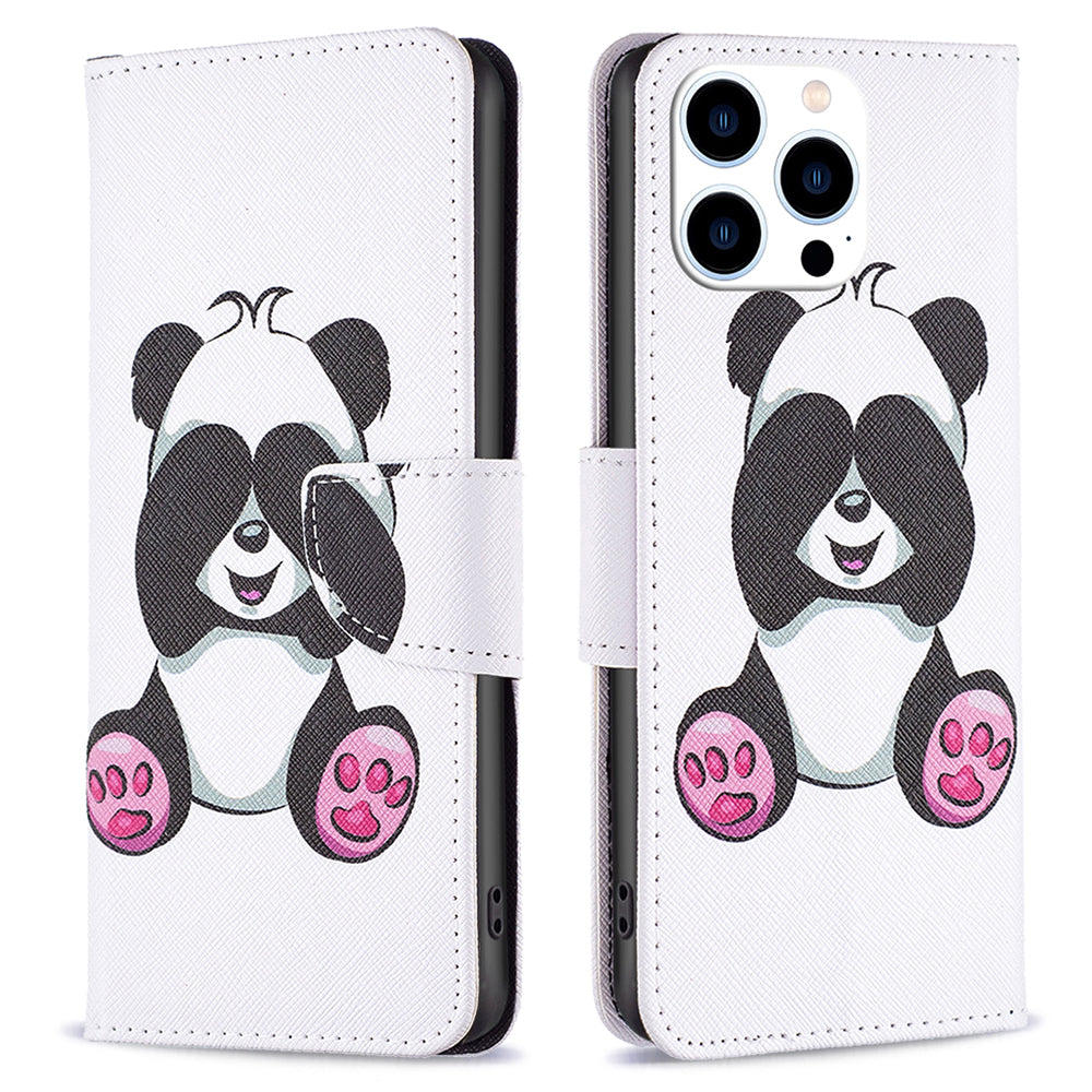 PU Leather Stand Wallet Case for iPhone 15 Pro , Pattern Printing Full Protection Phone Cover - Panda