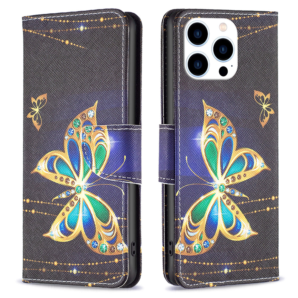 PU Leather Stand Wallet Case for iPhone 15 Pro , Pattern Printing Full Protection Phone Cover - Jewelry Butterfly