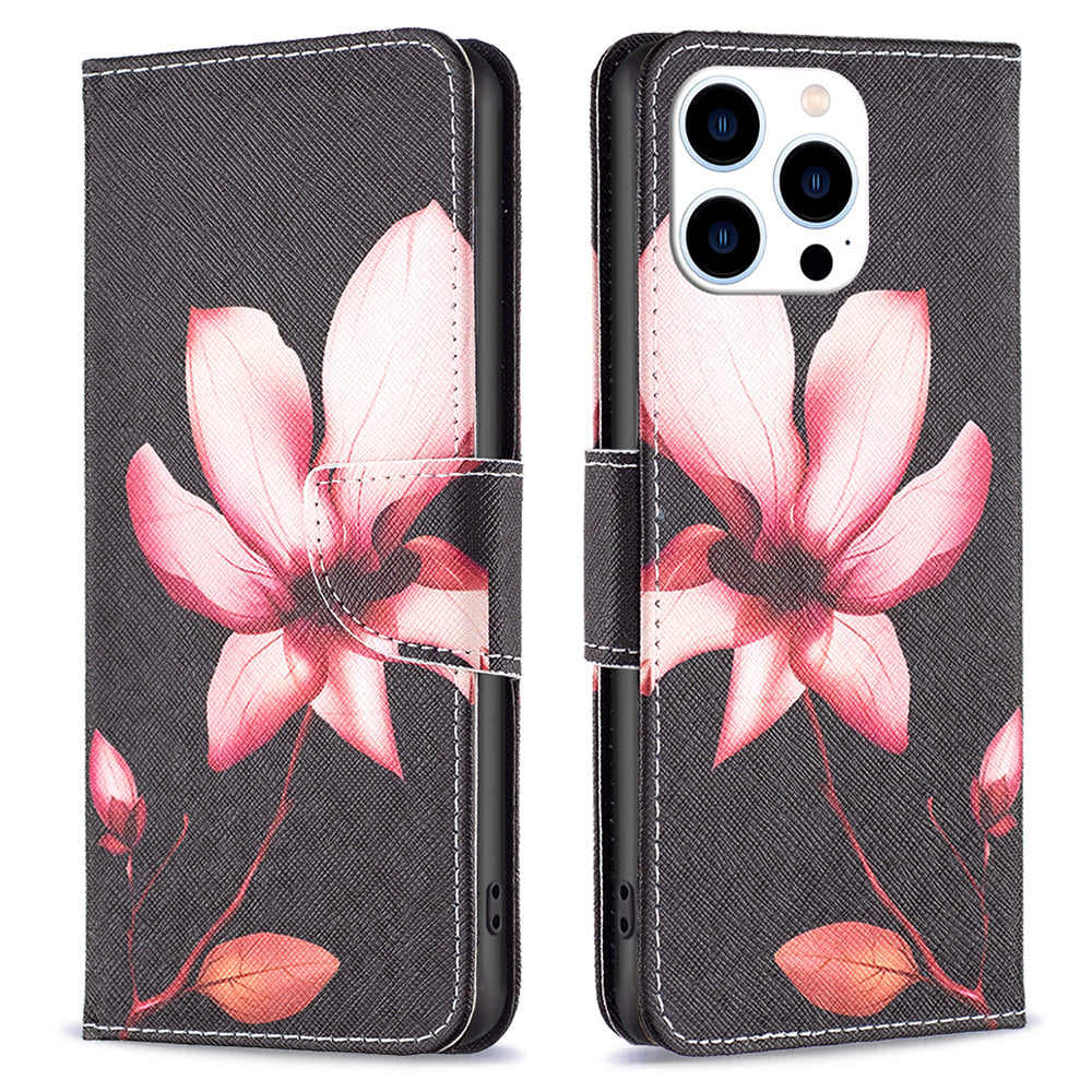 PU Leather Stand Wallet Case for iPhone 15 Pro , Pattern Printing Full Protection Phone Cover - Pink Flower