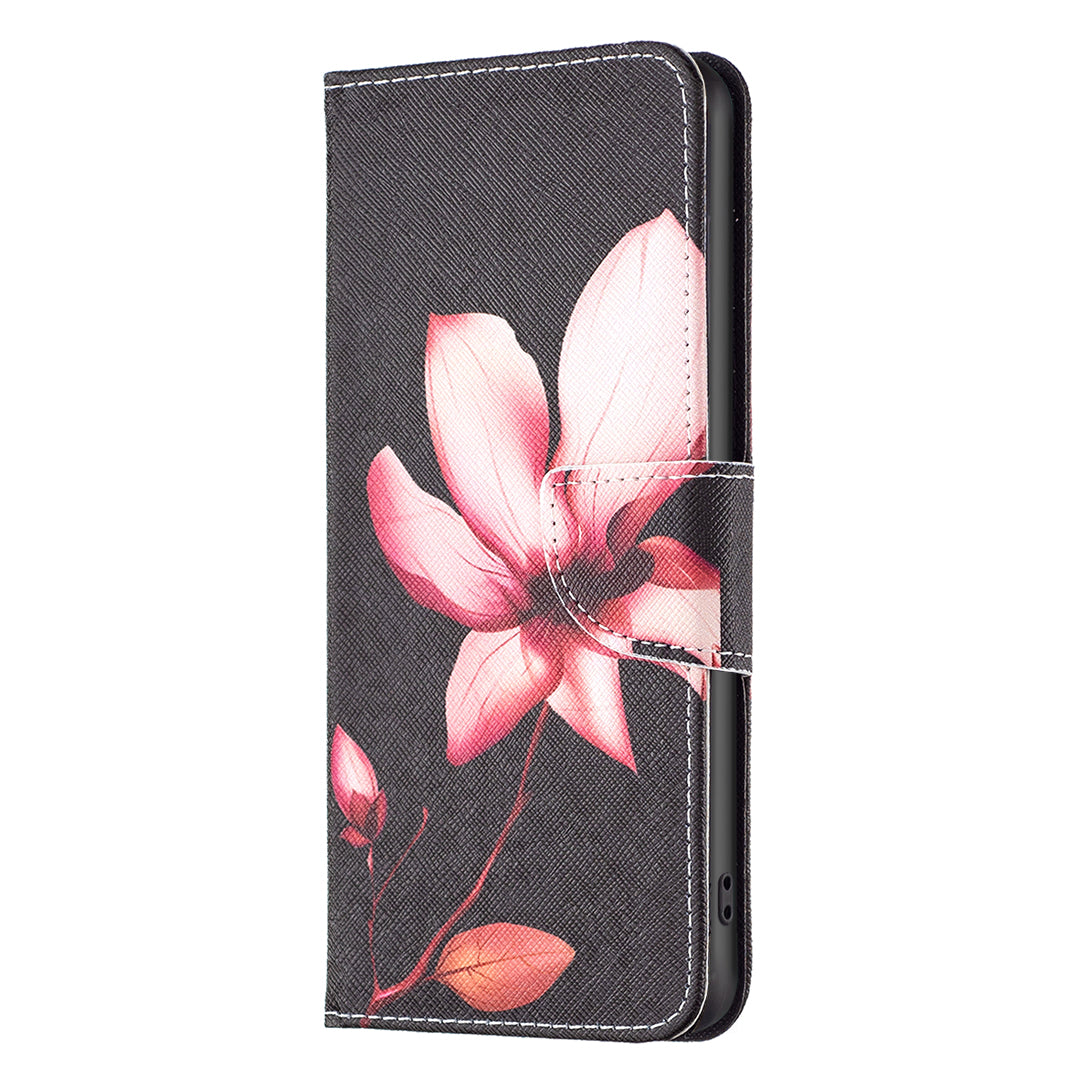 PU Leather Stand Wallet Case for iPhone 15 Pro , Pattern Printing Full Protection Phone Cover - Pink Flower