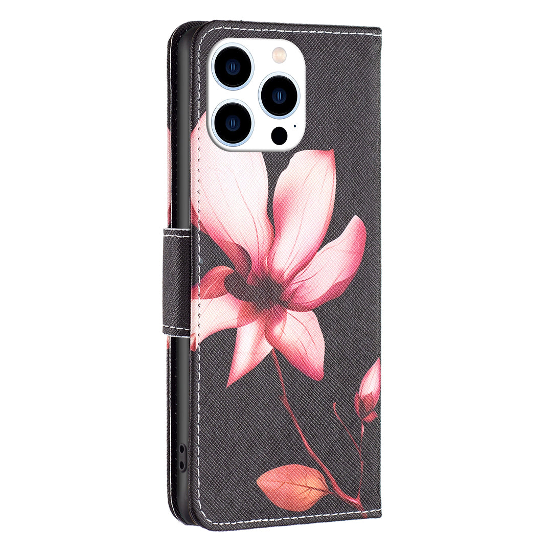 PU Leather Stand Wallet Case for iPhone 15 Pro , Pattern Printing Full Protection Phone Cover - Pink Flower