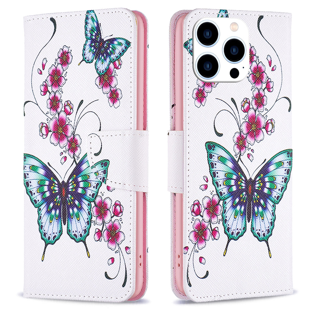 PU Leather Stand Wallet Case for iPhone 15 Pro , Pattern Printing Full Protection Phone Cover - Peach Blossom and Butterflies