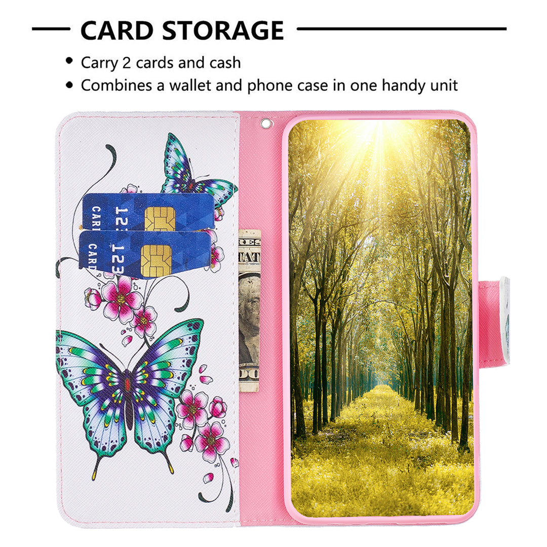 PU Leather Stand Wallet Case for iPhone 15 Pro , Pattern Printing Full Protection Phone Cover - Peach Blossom and Butterflies