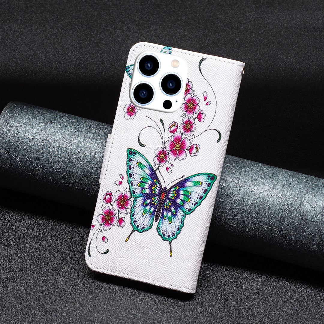 PU Leather Stand Wallet Case for iPhone 15 Pro , Pattern Printing Full Protection Phone Cover - Peach Blossom and Butterflies