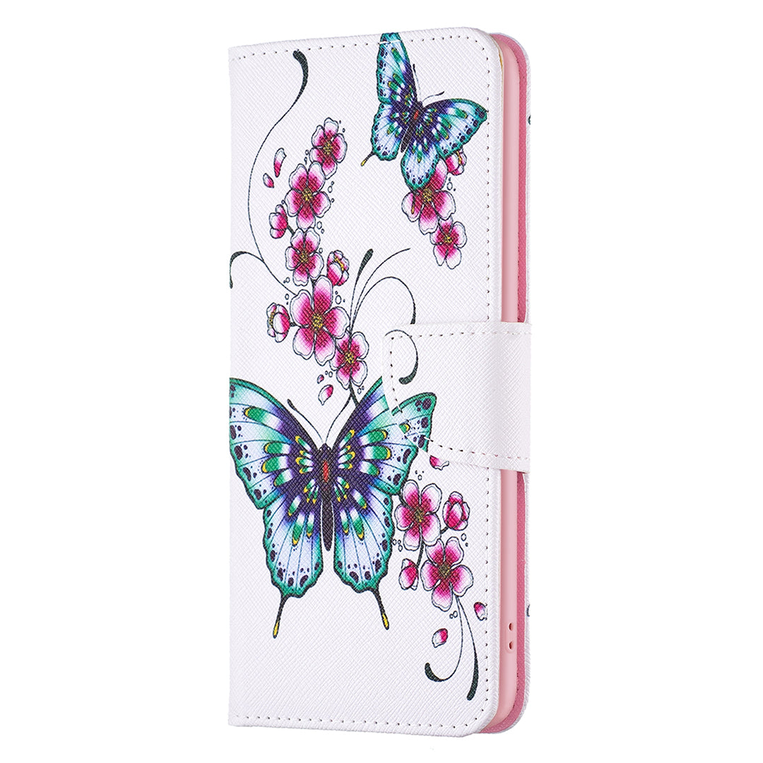 PU Leather Stand Wallet Case for iPhone 15 Pro , Pattern Printing Full Protection Phone Cover - Peach Blossom and Butterflies