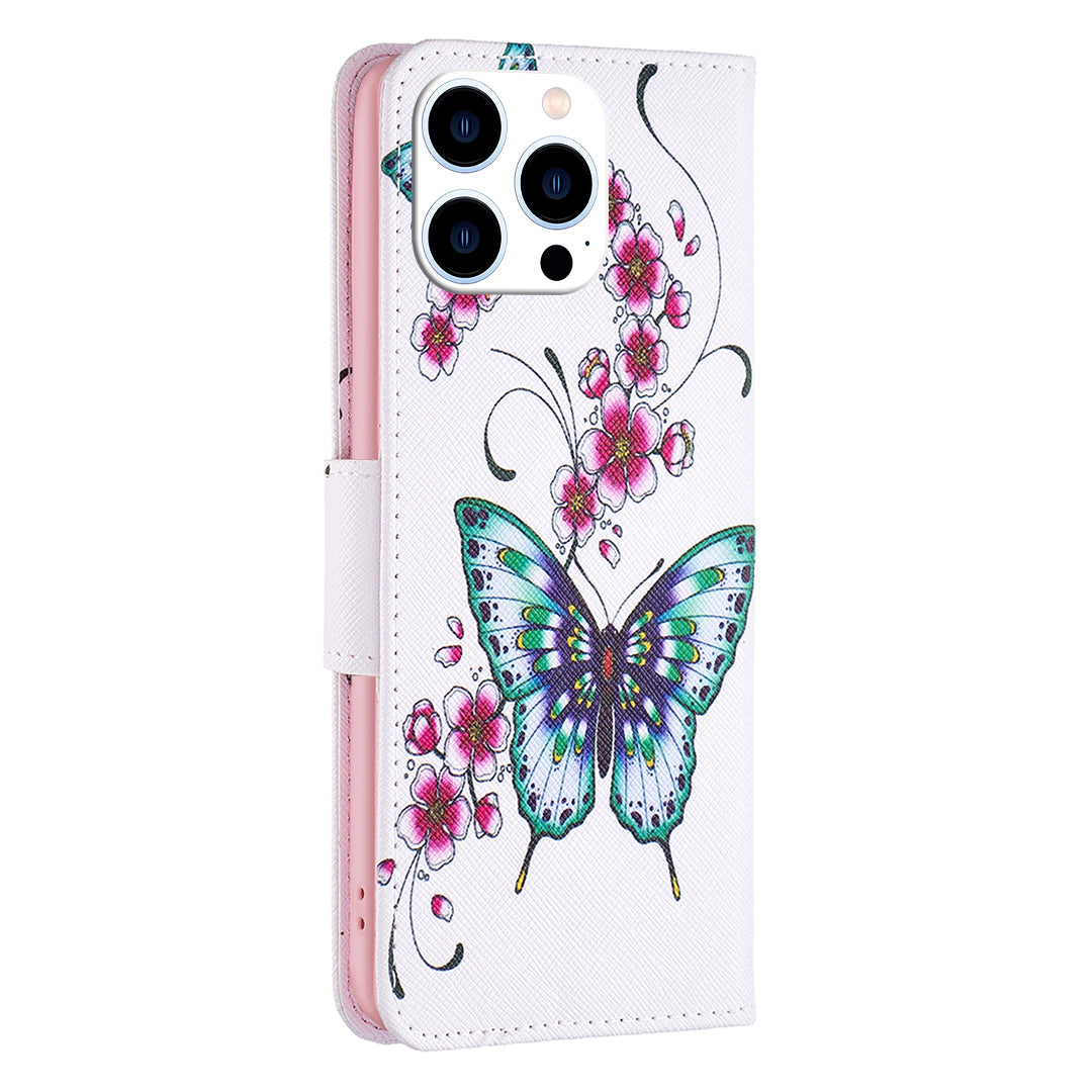 PU Leather Stand Wallet Case for iPhone 15 Pro , Pattern Printing Full Protection Phone Cover - Peach Blossom and Butterflies