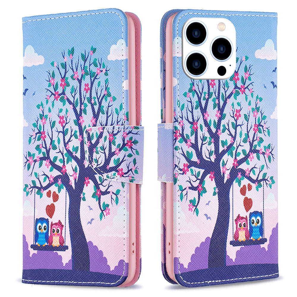 PU Leather Stand Wallet Case for iPhone 15 Pro , Pattern Printing Full Protection Phone Cover - Two Owls