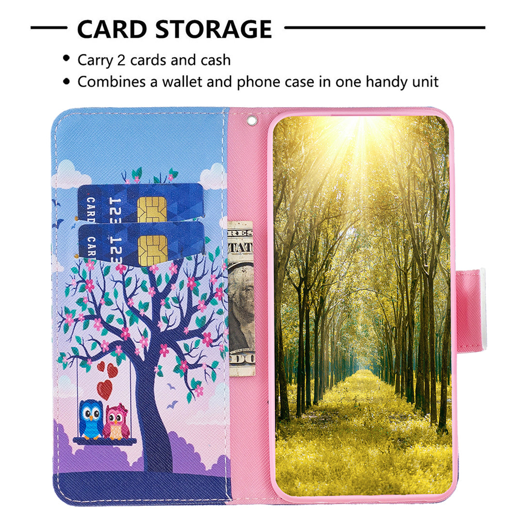 PU Leather Stand Wallet Case for iPhone 15 Pro , Pattern Printing Full Protection Phone Cover - Two Owls