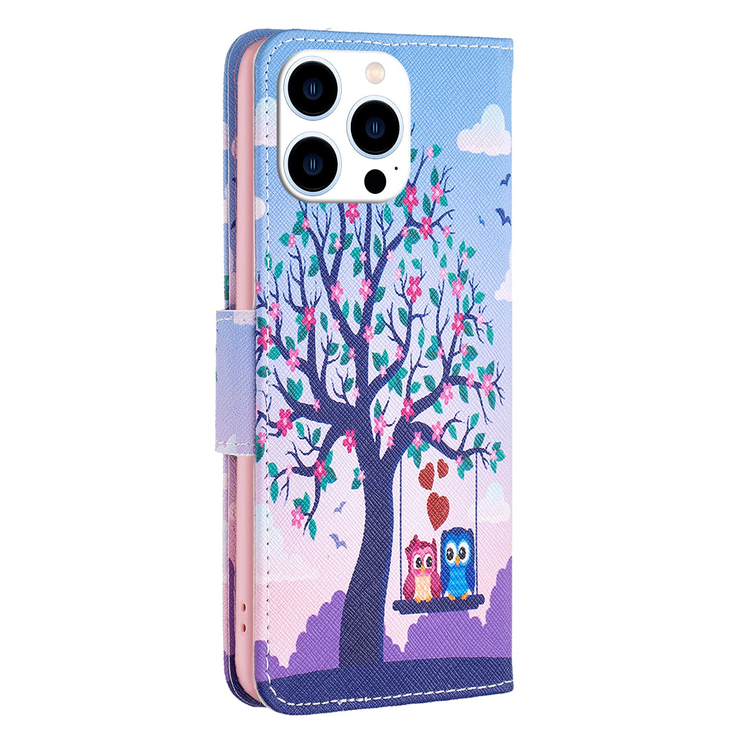PU Leather Stand Wallet Case for iPhone 15 Pro , Pattern Printing Full Protection Phone Cover - Two Owls