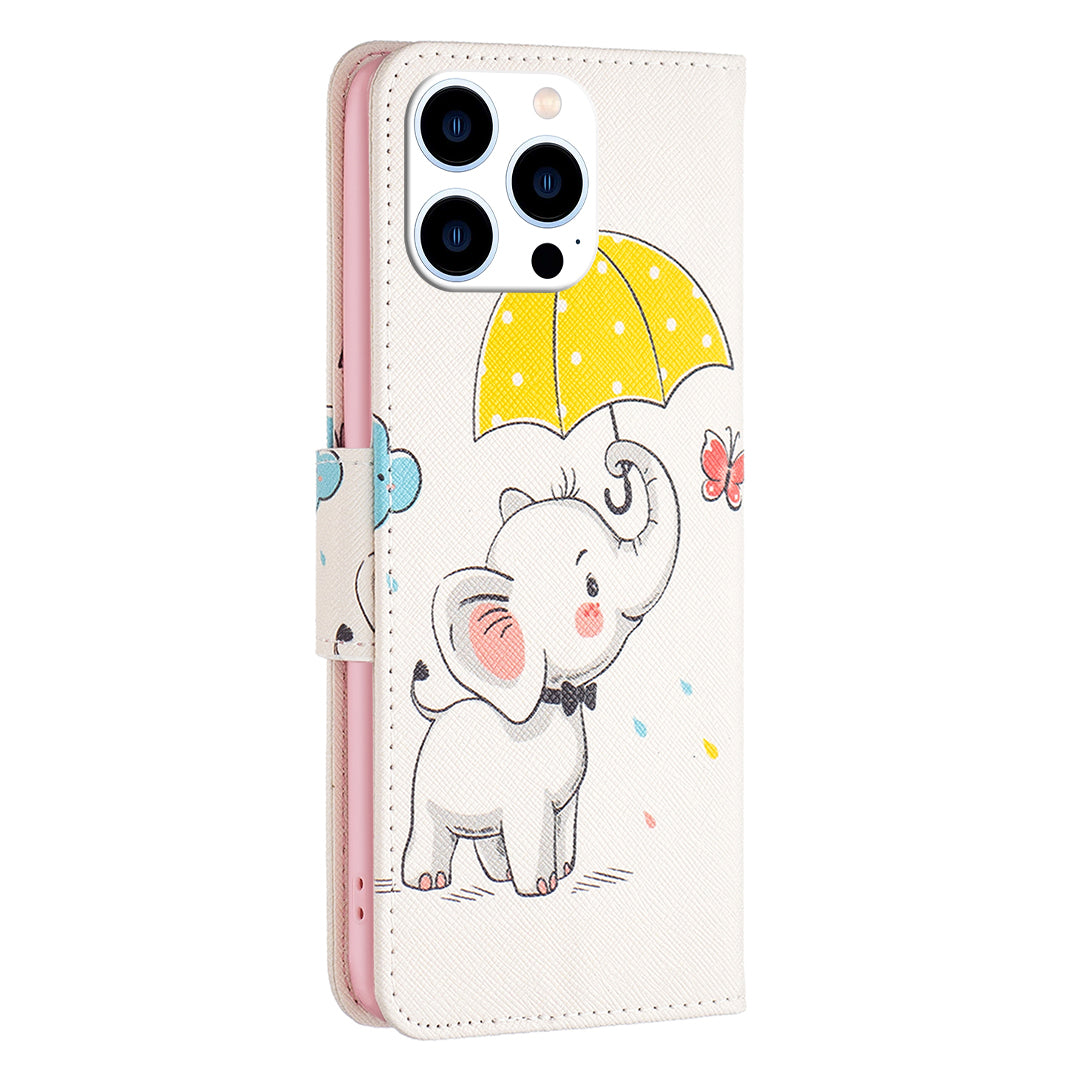 PU Leather Stand Wallet Case for iPhone 15 Pro , Pattern Printing Full Protection Phone Cover - Umbrella and Elephant