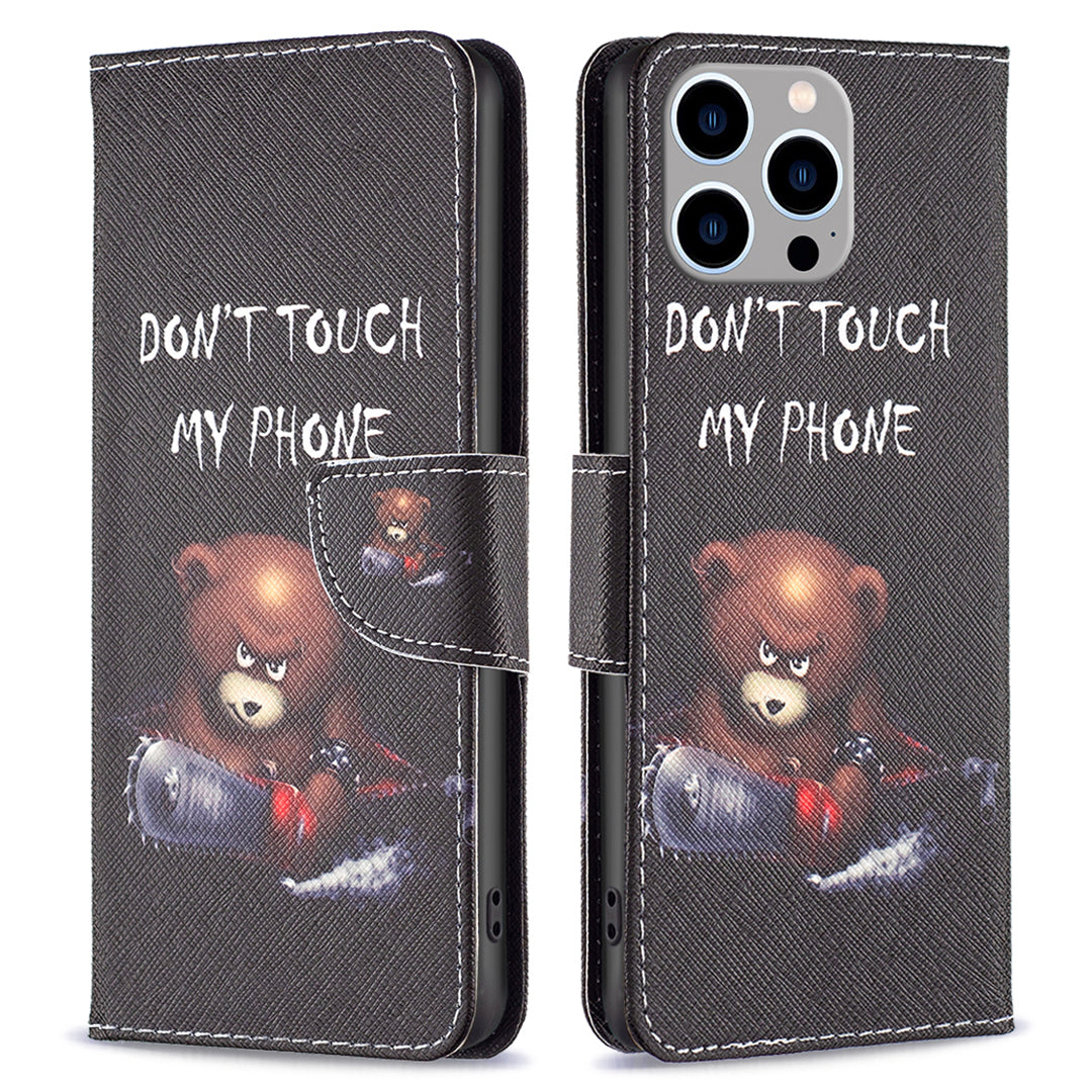 Wallet PU Leather Phone Case for iPhone 15 Pro Max , Pattern Printing Phone Stand Cover - Bear