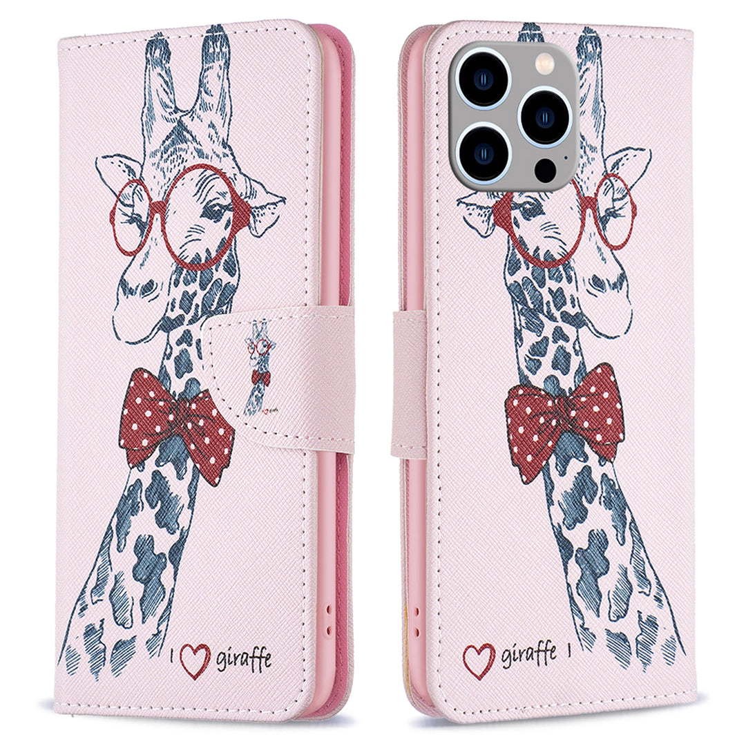 Wallet PU Leather Phone Case for iPhone 15 Pro Max , Pattern Printing Phone Stand Cover - Giraffe