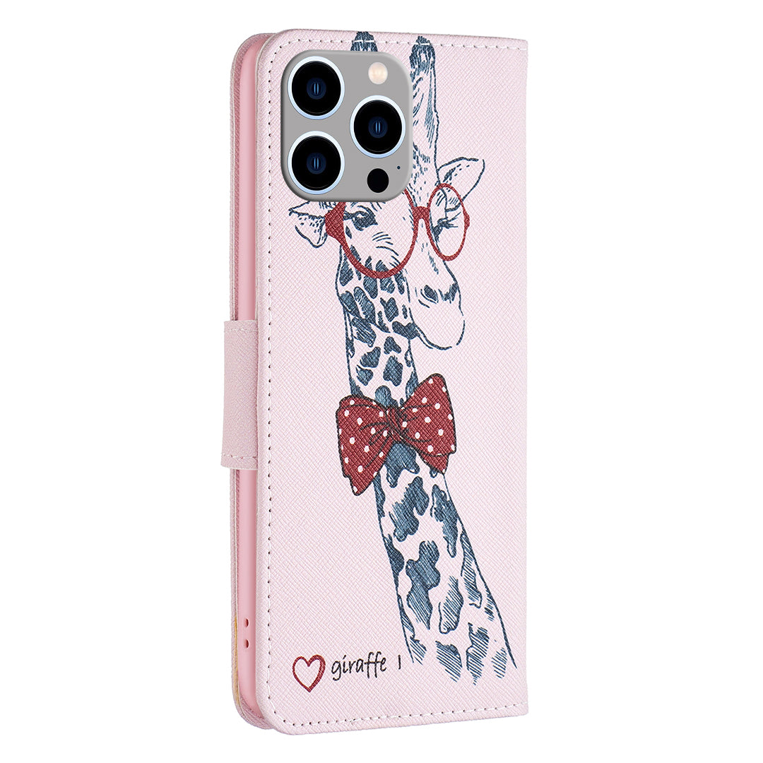 Wallet PU Leather Phone Case for iPhone 15 Pro Max , Pattern Printing Phone Stand Cover - Giraffe