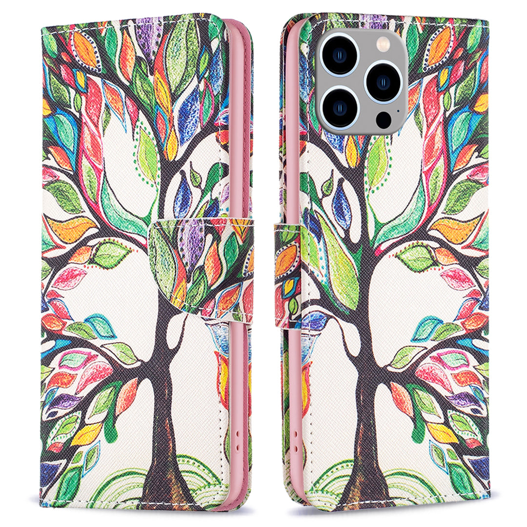 Wallet PU Leather Phone Case for iPhone 15 Pro Max , Pattern Printing Phone Stand Cover - Life Tree