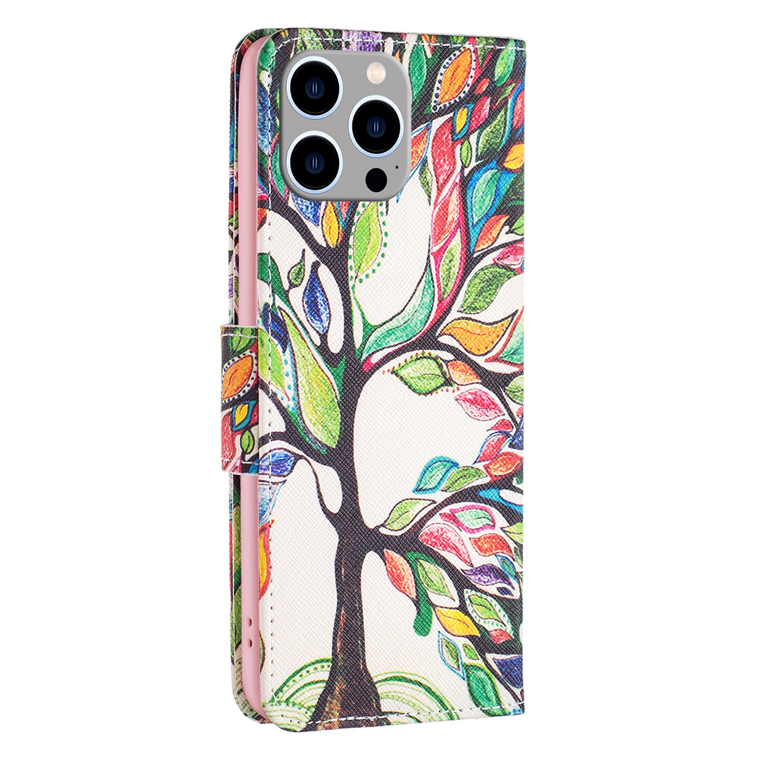 Wallet PU Leather Phone Case for iPhone 15 Pro Max , Pattern Printing Phone Stand Cover - Life Tree