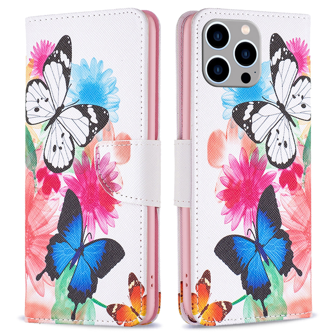 Wallet PU Leather Phone Case for iPhone 15 Pro Max , Pattern Printing Phone Stand Cover - Two Butterflies