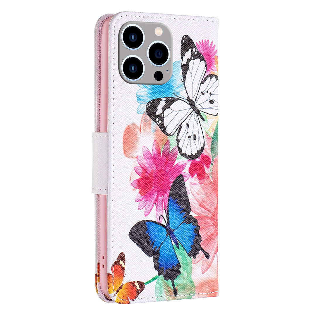 Wallet PU Leather Phone Case for iPhone 15 Pro Max , Pattern Printing Phone Stand Cover - Two Butterflies