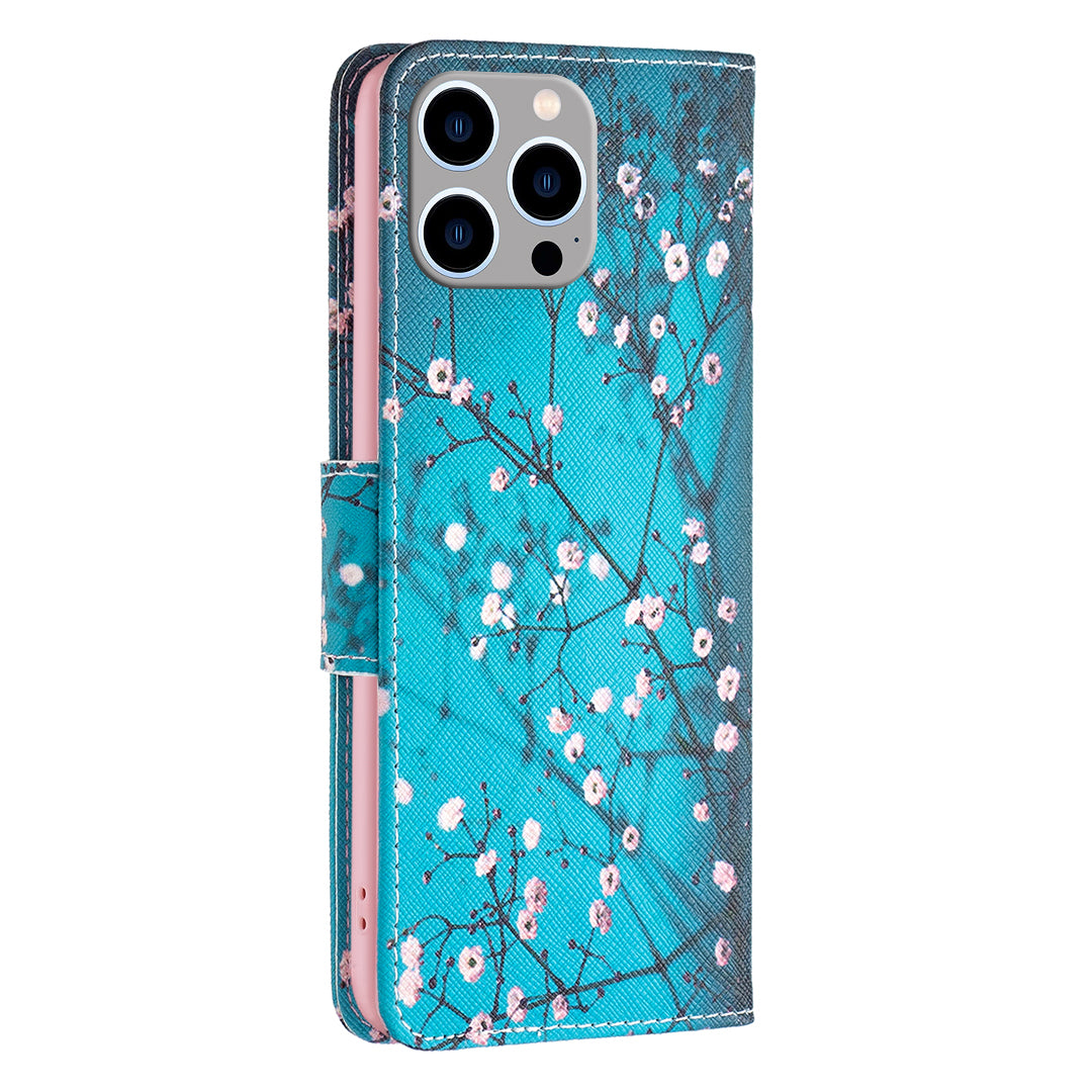 Wallet PU Leather Phone Case for iPhone 15 Pro Max , Pattern Printing Phone Stand Cover - Plum Blossom