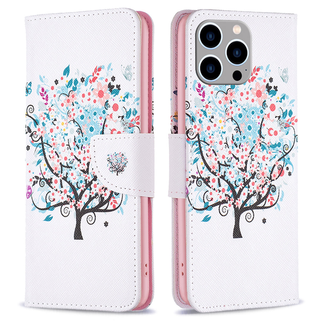 Wallet PU Leather Phone Case for iPhone 15 Pro Max , Pattern Printing Phone Stand Cover - Flower Tree