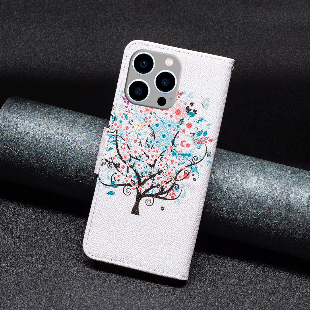 Wallet PU Leather Phone Case for iPhone 15 Pro Max , Pattern Printing Phone Stand Cover - Flower Tree