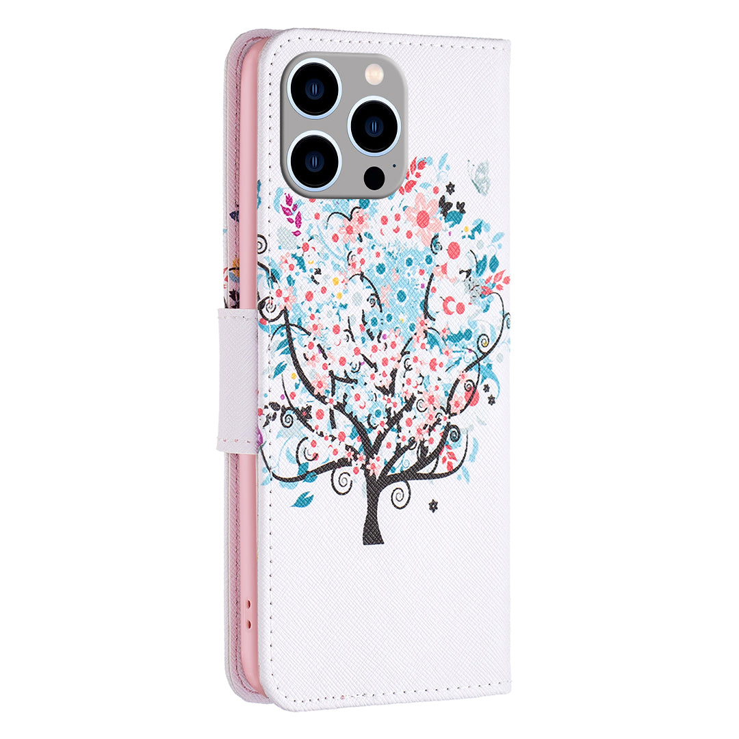 Wallet PU Leather Phone Case for iPhone 15 Pro Max , Pattern Printing Phone Stand Cover - Flower Tree