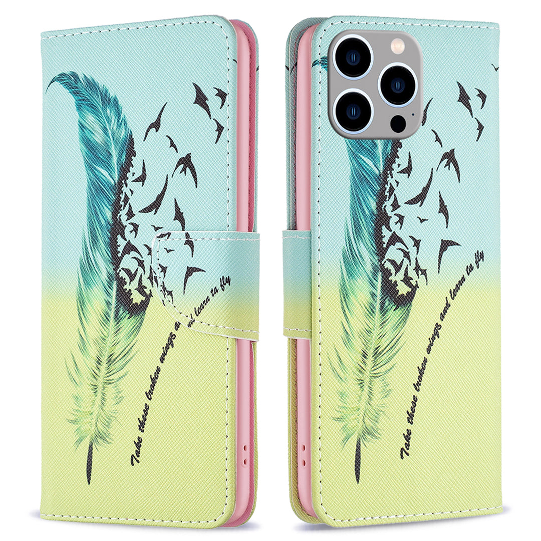 Wallet PU Leather Phone Case for iPhone 15 Pro Max , Pattern Printing Phone Stand Cover - Feather and Birds