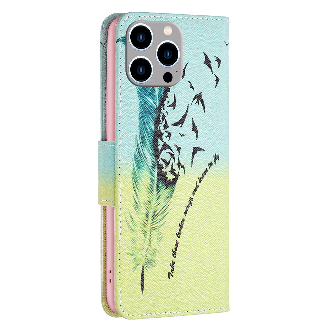 Wallet PU Leather Phone Case for iPhone 15 Pro Max , Pattern Printing Phone Stand Cover - Feather and Birds